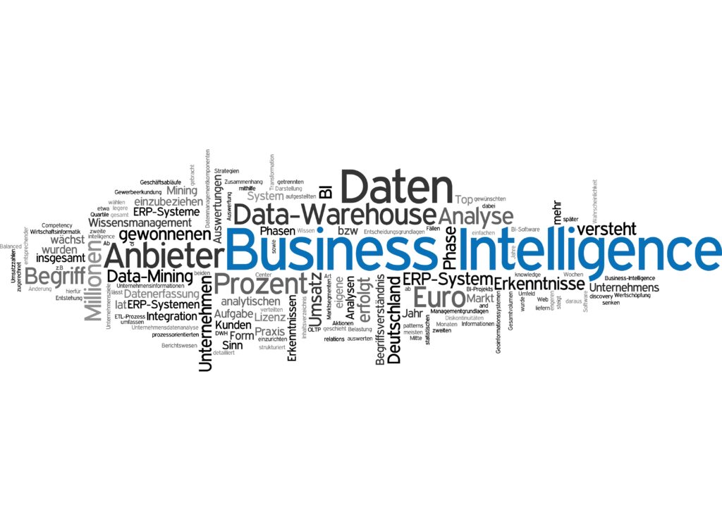 Eine Wortwolke, die verschiedene Begriffe und Schlagworte rund um das Thema "Business Intelligence" darstellt. Dominierende Wörter wie "Business", "Intelligence", "Daten", "Anbieter" und "Analyse" sind deutlich hervorgehoben, während andere Begriffe wie "Daten-Warehouse", "Prozent", "ERP-System", "Erkenntnisse" und "Unternehmen" in unterschiedlicher Größe um sie herum angeordnet sind. Die Wortwolke vermittelt die Vielschichtigkeit und die verschiedenen Aspekte der Business Intelligence.