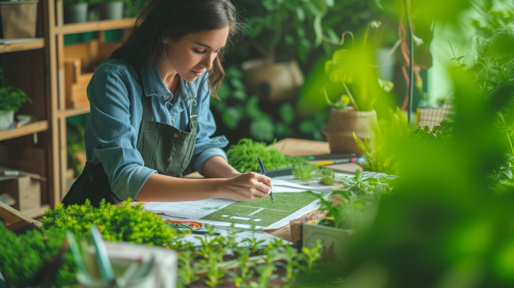 Eine Frau in Arbeitskleidung plant einen Garten und skizziert Details auf einem Plan, umgeben von Pflanzen. Die Szene zeigt den kreativen Prozess der Gartenplanung mit Fokus auf naturnaher Gestaltung und nachhaltigen Lösungen.