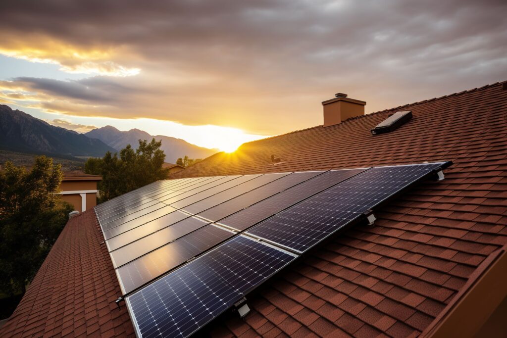 Sonnenuntergang über einem Hausdach mit installierter Photovoltaikanlage, symbolisiert den erfolgreichen Schritt zur nachhaltigen Energieerzeugung und passenden Finanzierung.