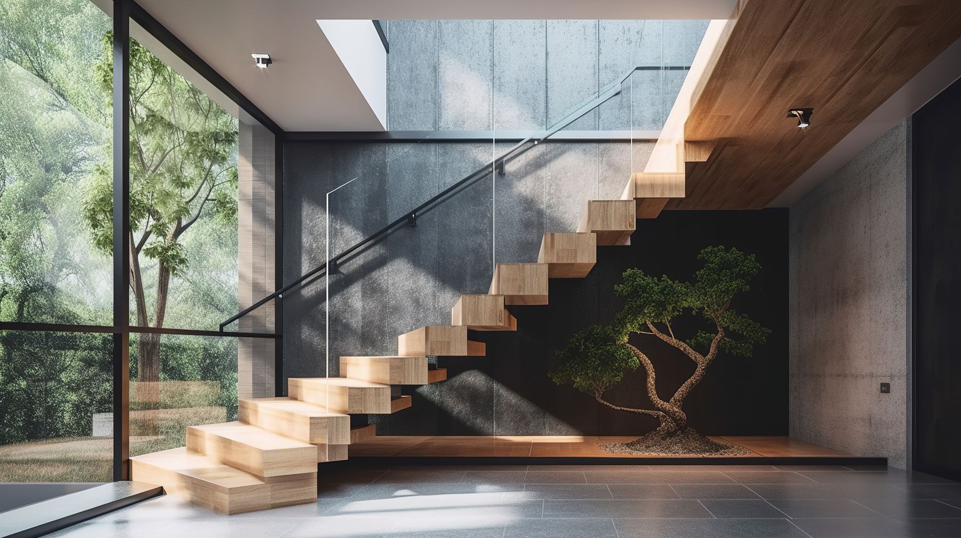 Moderne Treppe mit Glasgeländer und natürlichem Lichteinfall.