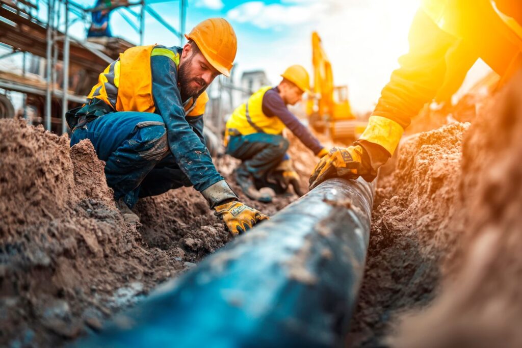 Bauarbeiter verlegen Druckrohre auf einer Baustelle zur sicheren Wasser- und Energieversorgung