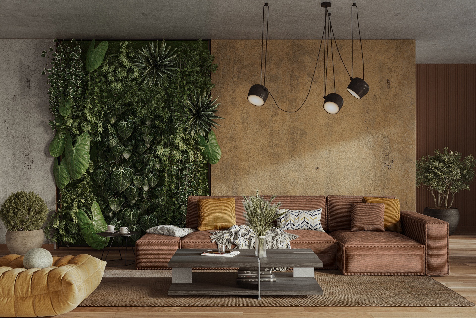 Wohnzimmer mit üppiger Pflanzenwand | Mooswände

