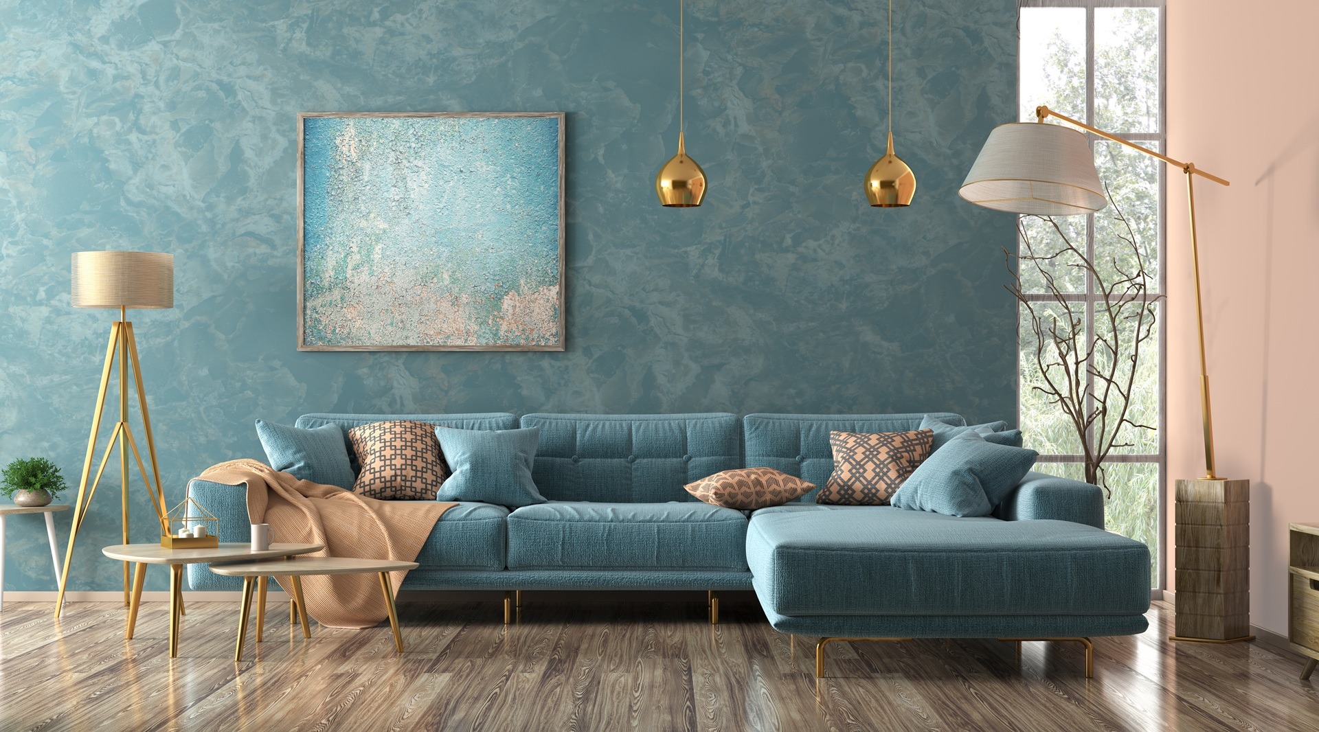 Stilvoller Wohnraum mit modernem blauen Ecksofa | Ecksofa