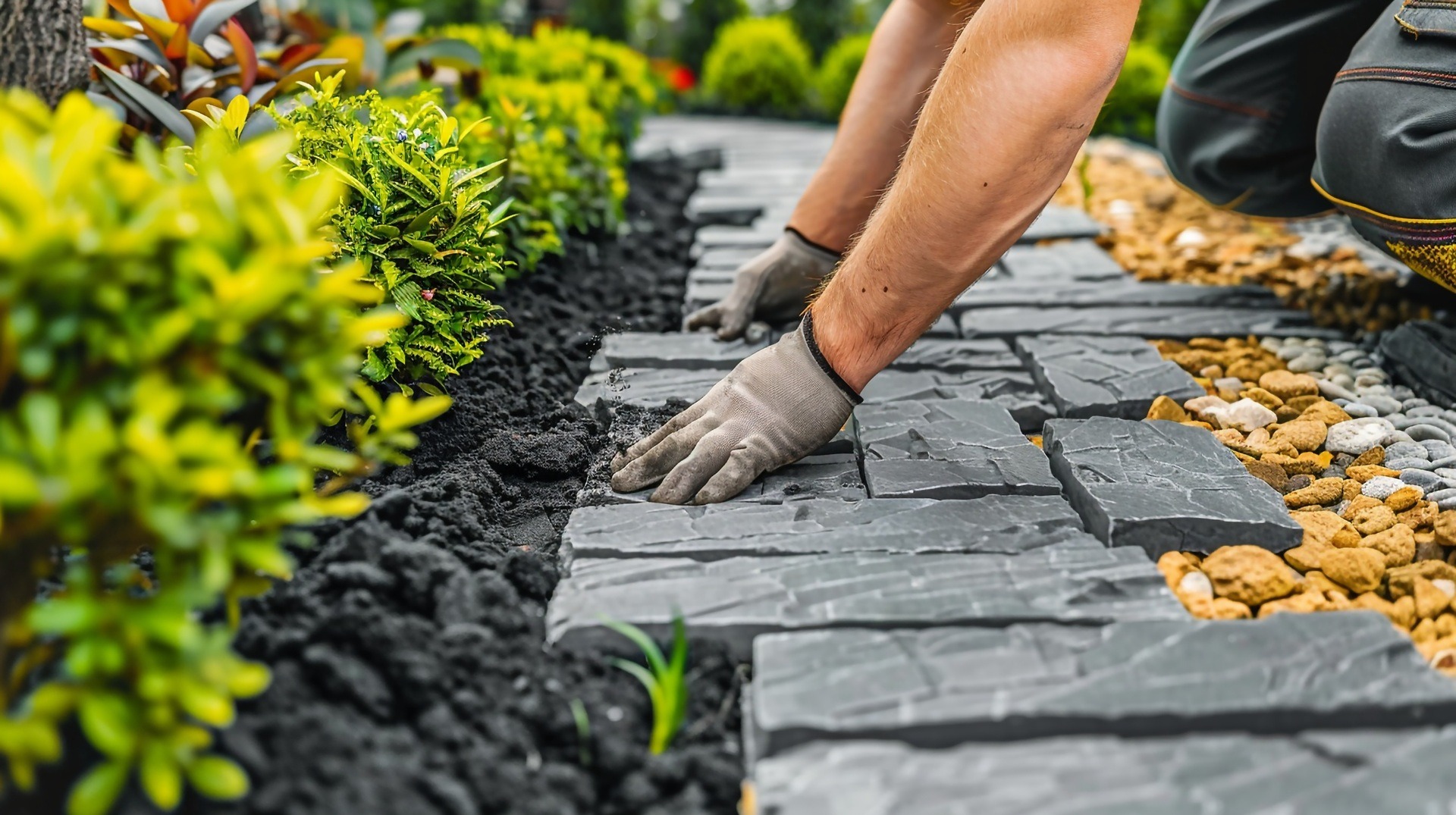 Verlegung eines Gartenwegs aus Natursteinplatten | Zisterne Regenwasser
